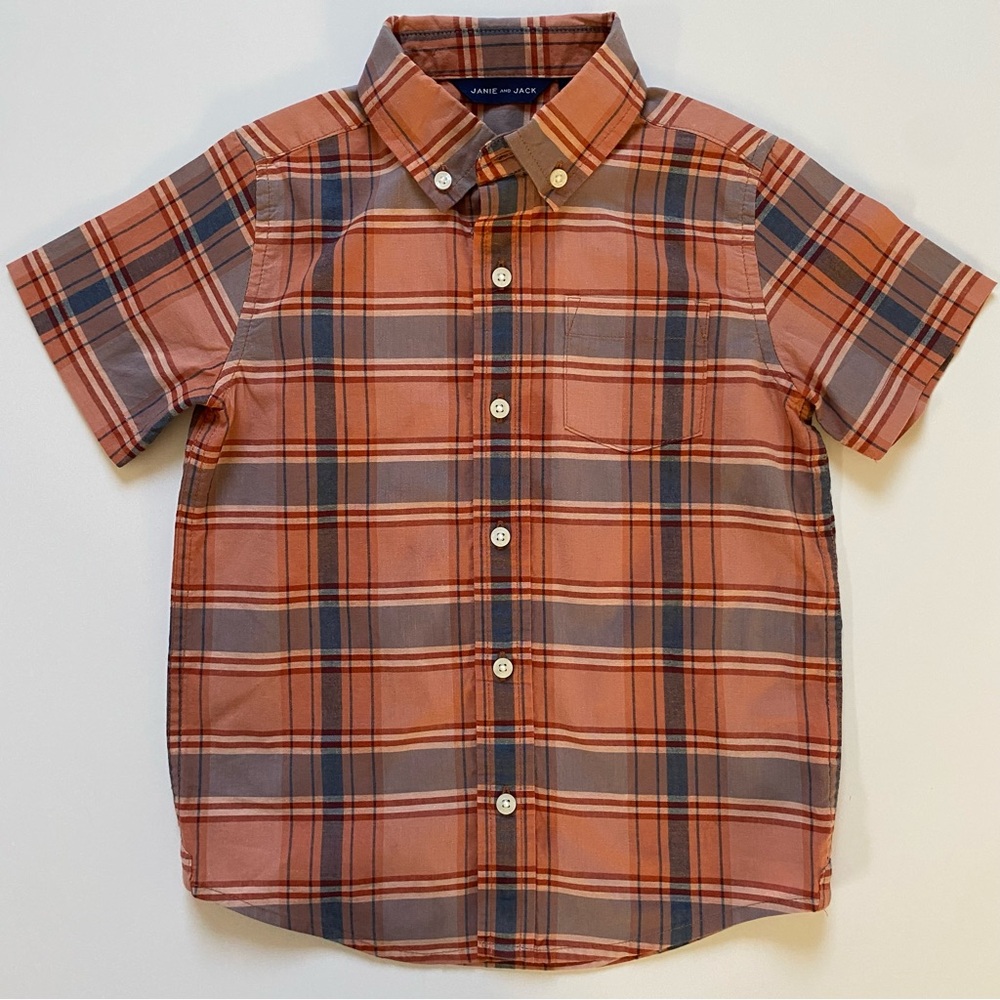 Janie and Jack Shirt Size 4 Plaid Button Down Short Sleeves Orange Blue Cotton